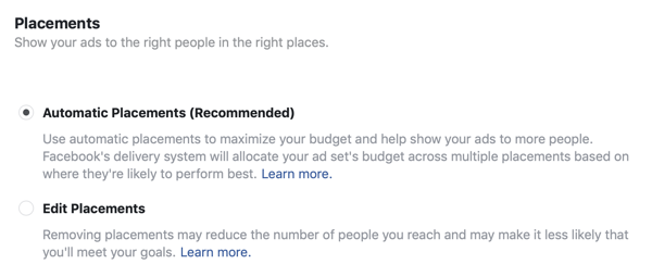 Opcije smještaja za Facebook oglasnu kampanju.