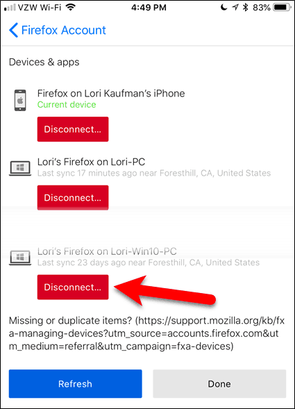 Odspojite uređaj u Firefoxu za iOS