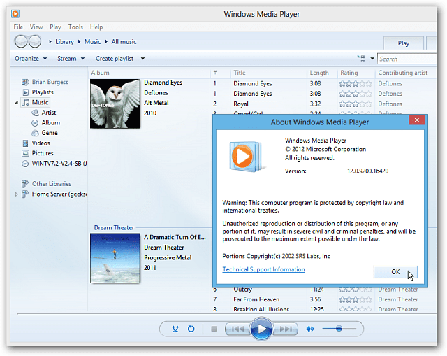 Windows Media Player na radnoj površini sustava Windows 8