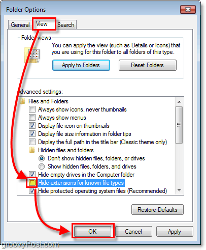 u dijaloškom okviru opcija sustava Windows 7 kliknite karticu pregled, a zatim poništite odabir skrivenih ekstenzija za poznate vrste datoteka
