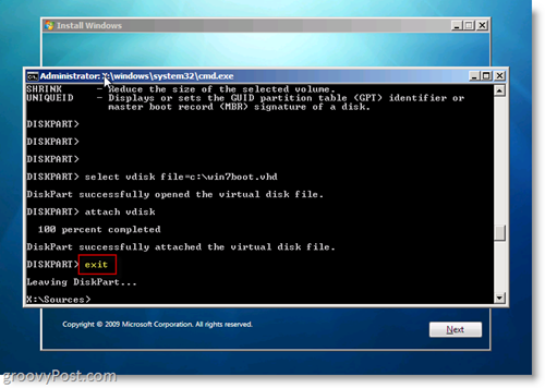 Windows 7 Native VHD Instalacija dualnog boot izlaza CMD redak