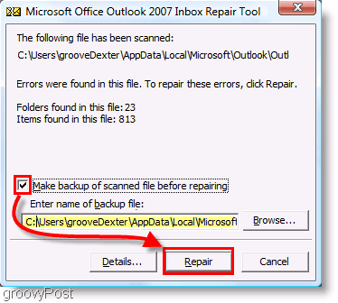 Snimka zaslona - Izbornik za popravak programa ScanPST za Outlook 2007