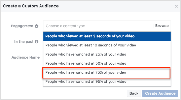 Odaberite osobe koje su gledale 75% vašeg videozapisa u dijaloškom okviru Stvaranje prilagođene publike.