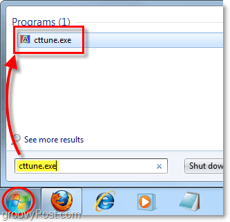 iz Windows 7 izbornika za početak učitajte cctune.exe za učitavanje clearType tunera