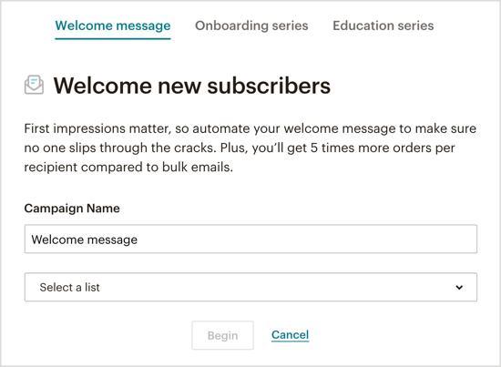 Odaberite koju vrstu automatizirane e-pošte za dobrodošlicu želite poslati putem svog Messenger bota. 