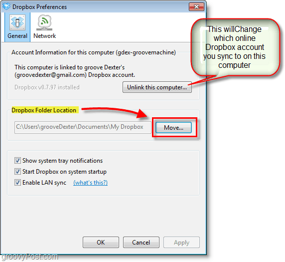 Snimka zaslona Dropboxa - promijenite zadanu lokaciju dropboxa ili promijenite / uklonite račune dropboxa