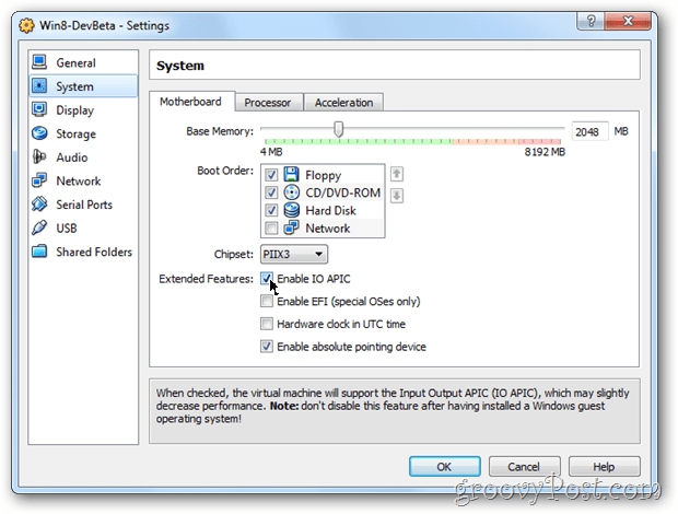 Postavljanje konfiguracije matične ploče sustava VirtualBox omogućuje omogućavanje korištenja Windows 8