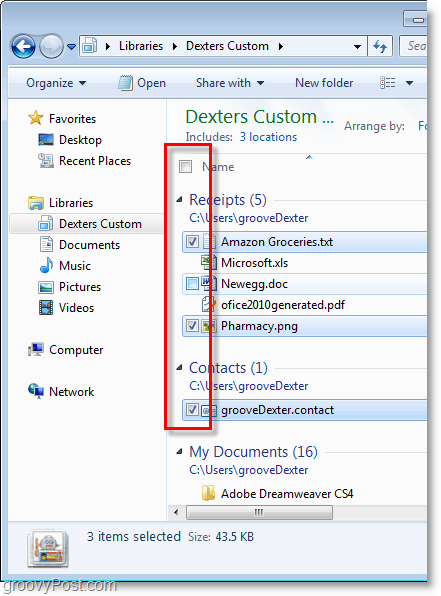 Snimak zaslona za Windows 7 koristite potvrdne okvire za odabir predmeta, groovy!