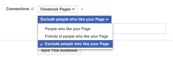 opcija ciljanja facebook oglasa za izuzeće ljudi koji već vole stranicu