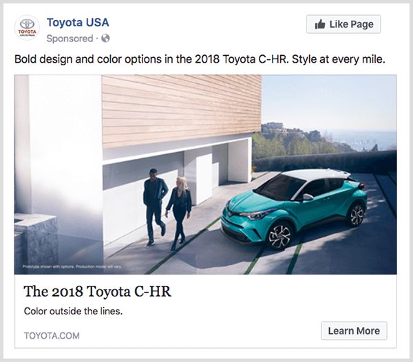 Toyotin oglas za angažman na Facebooku sadrži tirkiznu Toyotu C-HR i ima gumb Saznajte više.