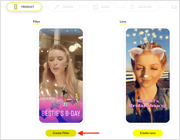 Kliknite Stvori filtar da biste postavili Snapchat geofilter za vaš događaj.