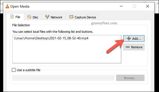 Dodavanje datoteke za pretvorbu u VLC na sustavu Windows