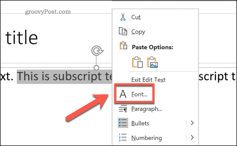 Pristup izborniku Opcije fonta u programu PowerPoint u sustavu Windows putem skočnog izbornika opcija