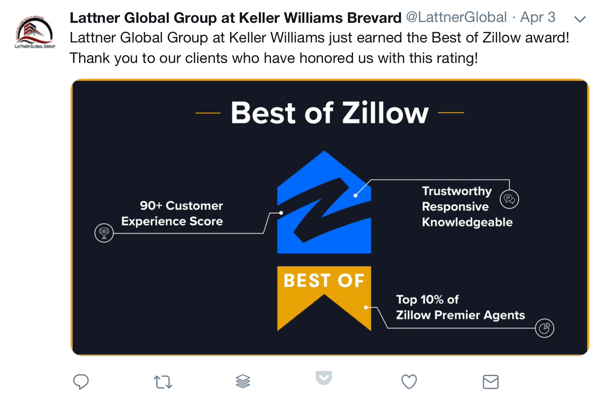 Kako koristiti društveni dokaz u marketingu, primjer nagrade i društvenu zahvalnost klijentima od strane Lattner Global Group u Keller Williams Brevard