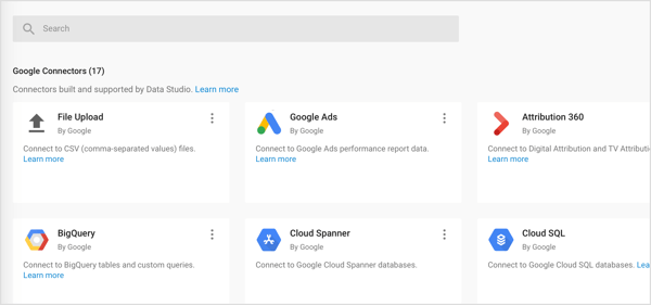 U Google Data Studio uvezite tri vrste konektora: Google konektori, partnerski konektori i konektori otvorenog koda.
