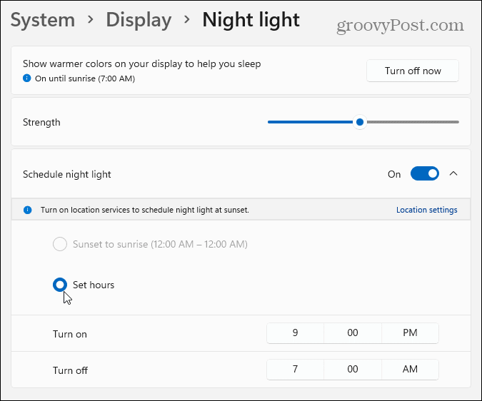 postavke noćnog svjetla windows 11