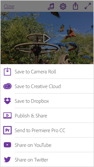 Podijelite svoj Adobe Premiere Clip video izravno na YouTube i Twitter ili ga spremite u svoju galeriju ili Creative Cloud