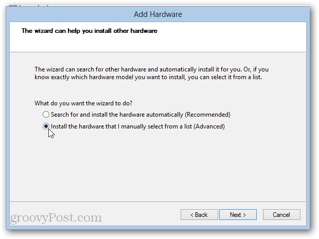 napredni dodavanje hardvera u sustavu Windows 8 (instalacija povratnog adaptera)