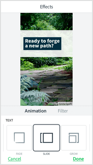Odaberite mogućnost animacije teksta pomoću mobilne aplikacije Adobe Spark Post.