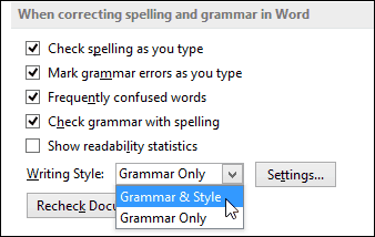 Word 2013 konfigurira gramatiku i stil padajući dolje