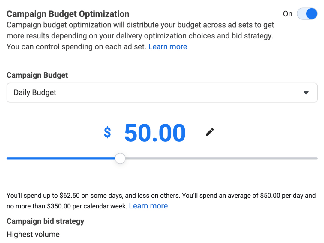 slika odjeljka Optimizacija proračuna kampanje u Ads Manageru