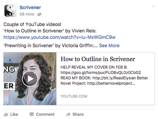 Scrivener na svojoj Facebook stranici dijeli YouTube video koji bi se mogao svidjeti korisnicima.