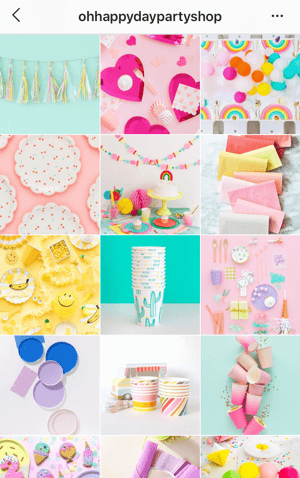 Kako poboljšati svoje instagram fotografije, uzorak teme feeda Instagram feed iz Oh Happy Day Party Shopa koji prikazuje svijetlu paletu boja