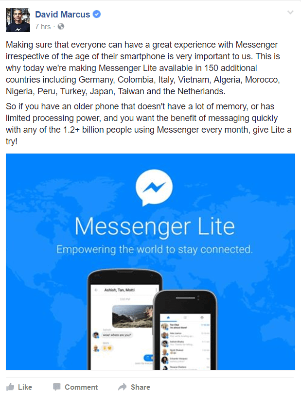 Facebook Messenger Lite sada je dostupan u više zemalja širom svijeta.