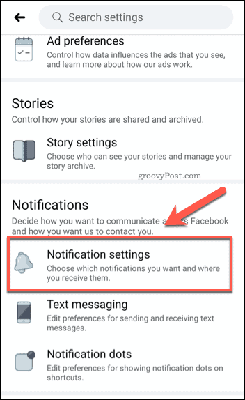 Opcija postavki Facebook mobilnih obavijesti