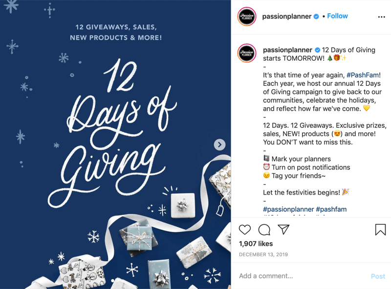 primjer instagram natječaja za darivanje za 12 dana darivanja od @passionplanner koji najavljuje da darivanje započinje sljedeći dan