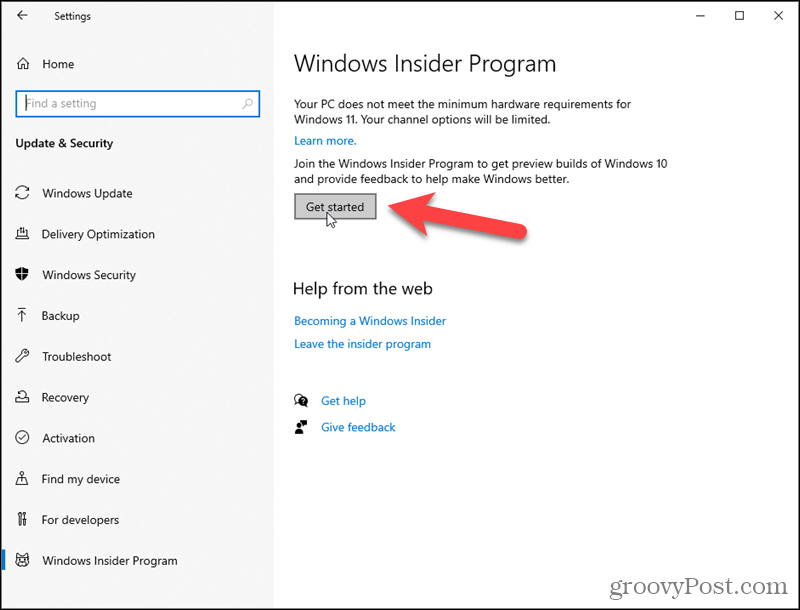 Kliknite Početak rada za Windows Insider program