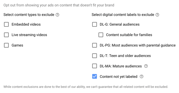 Kako postaviti YouTube oglasnu kampanju, korak 15, postavljanje izuzetih vrsta i opcija oznaka