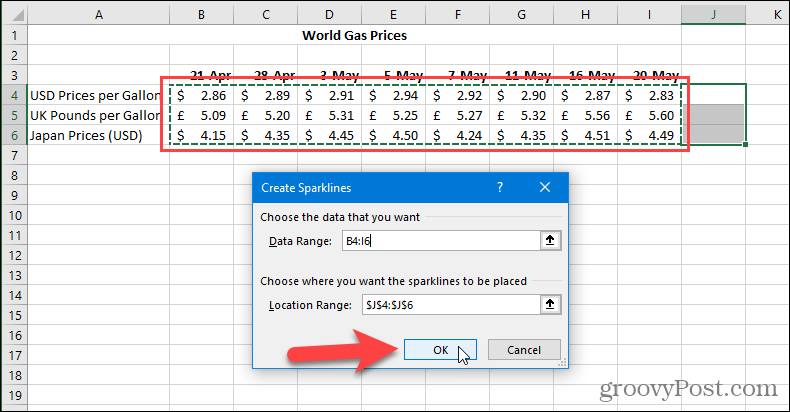Stvorite dijaloški okvir Sparklines u programu Excel
