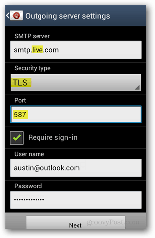 postavke Outlook.com smtp za android