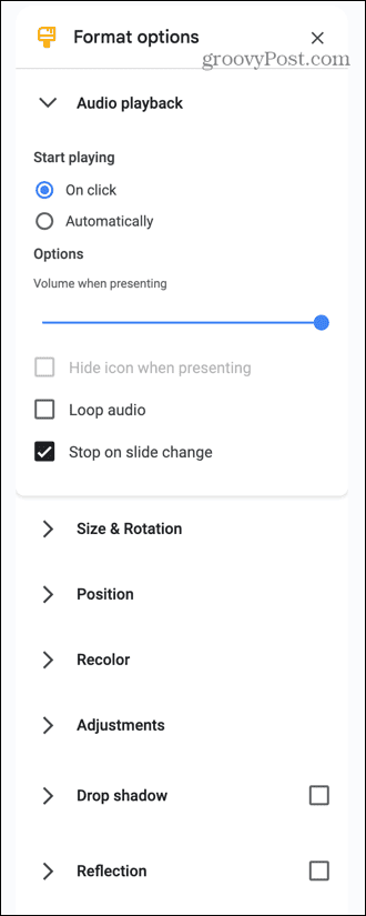 audio opcije google slajdova