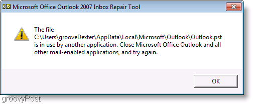 Snimka zaslona - Prozor poruke o popravku programa ScanPST za Outlook 2007