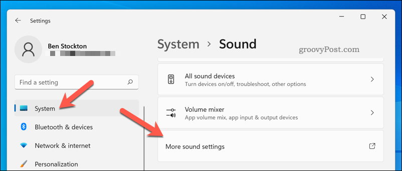 Otvaranje izbornika More Sound Settings u sustavu Windows 11