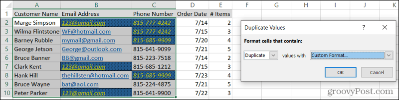 Prilagođeni formatirani duplikati u Excelu
