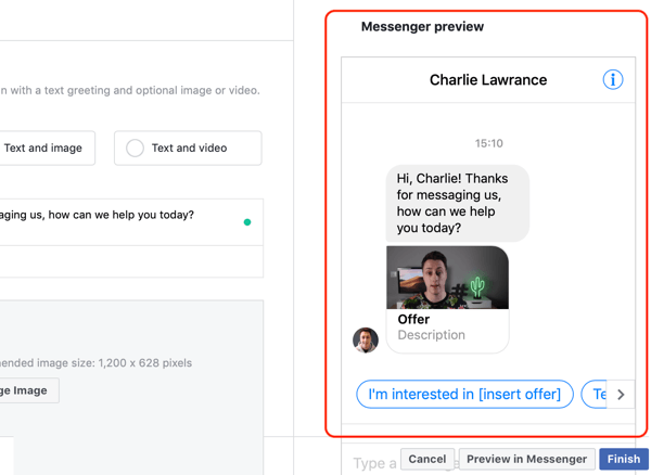 Kako ciljati tople potencijalne kupce s Facebook Messenger oglasima, korak 14, pregled prilagođenog predloška odredišta za messenger