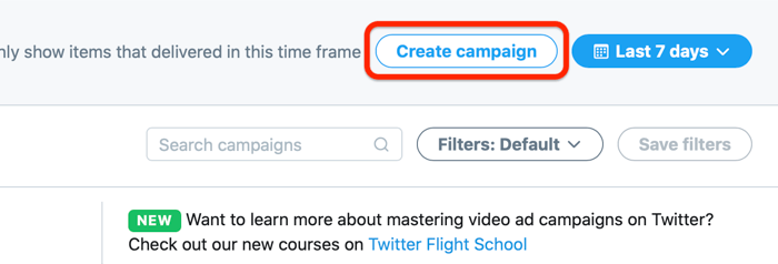 snimka zaslona računa Twitter oglasa i mogućnost izrade kampanje