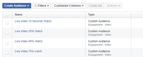 U Facebook Ads Manageru upotrijebite alat Audiences da definirate retargetiranu publiku na temelju pregleda videozapisa Facebook Live.