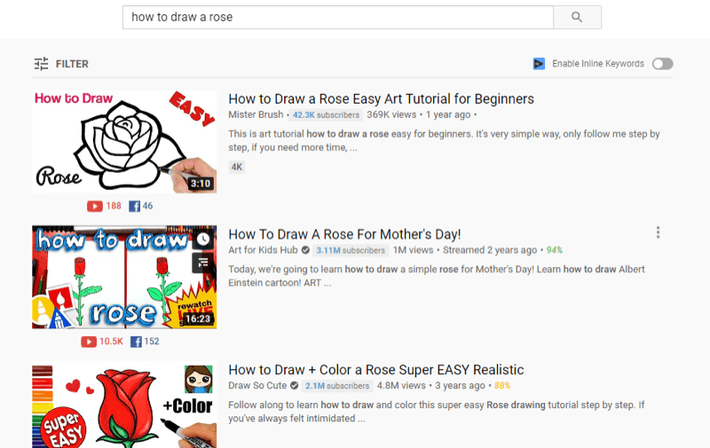 primjer najboljeg youtube videozapisa u rezultatima pretraživanja youtubea za 'kako nacrtati ružu'