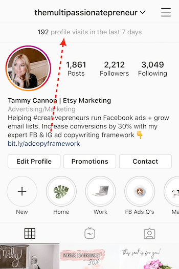 broj posjeta profilu naveden na vrhu Instagram poslovnog profila