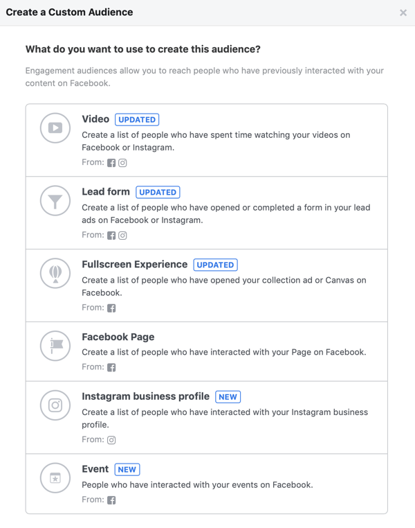 Opcije za ono što želite koristiti za stvaranje ove publike za svoju prilagođenu publiku na Facebooku.