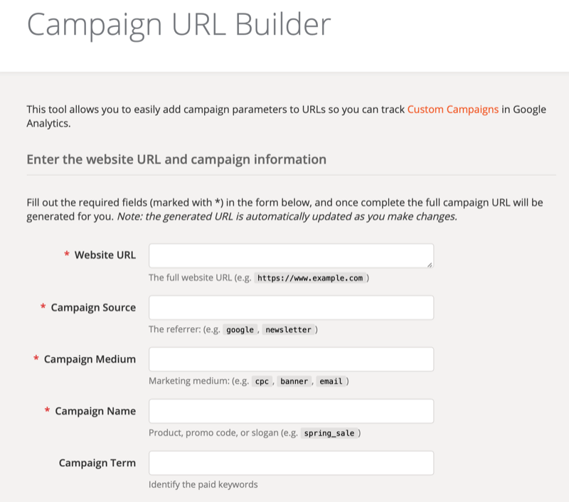 Zaslon za postavljanje alata Google Analytics Campaign Builder alata
