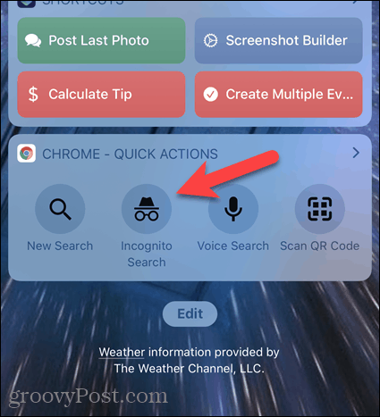 Dodirnite Incognito Search na widgetu Chrome na iOS-u