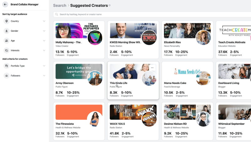 potražite potencijalne kreatore sadržaja u Brand Collabs Manageru