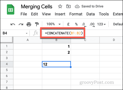 Primjer jednostavne formule CONCATENATE u Google tablicama