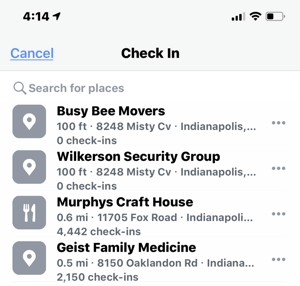 Primjer lokacija prijava za obližnja poduzeća na Facebooku.