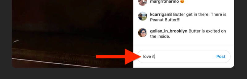 xscreenshot primjer instagrama uživo s okvirom za komentare istaknutim i popunjenim od strane gledatelja koji kaže "volim to"